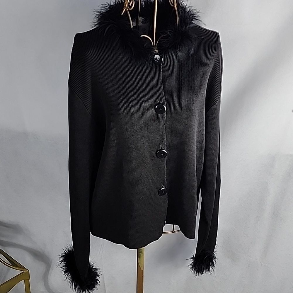 Feather Trimmed Black Knit Long Sleeved Button Cardigan Holiday Glamorati